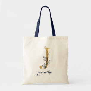 Floral Navy Blue Gold Leaf Personalized Letter "J" Tote Bag