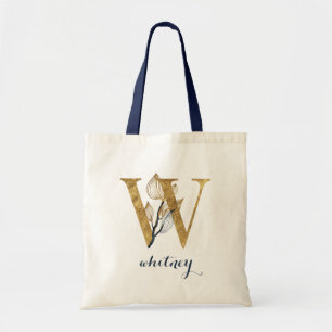 Floral Navy Blue Gold Leaf Personalized Letter "W" Tote Bag