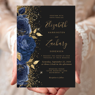 Floral Navy Blue Gold Off-Black Wedding Invitation