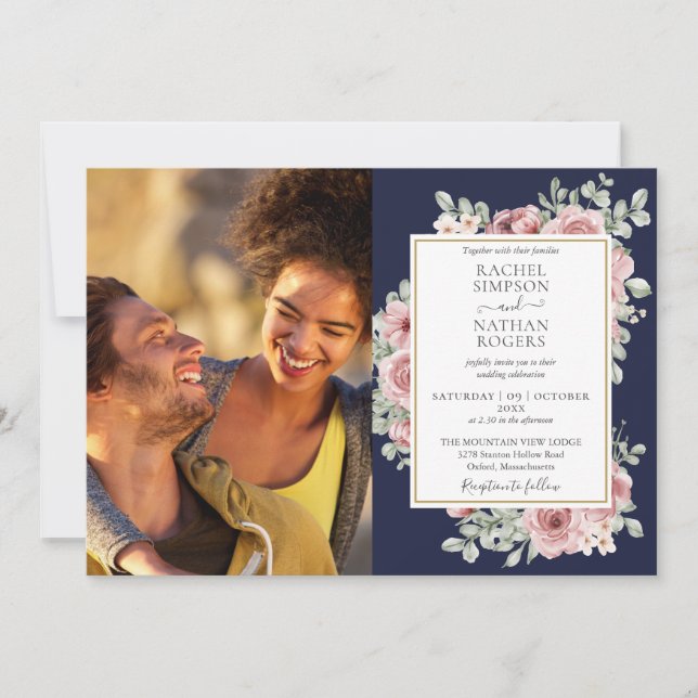 Floral Navy Blue Gold Photo Wedding Invitation (Front)