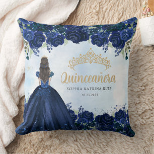 Floral Navy Blue Gold Princess Tiara Quinceanera  Cushion