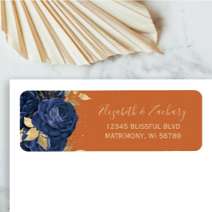 Floral Navy Blue Gold Rust Wedding Return Address Label