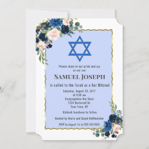 Floral Navy Blue Gold Star of David Bar Mitzvah Invitation