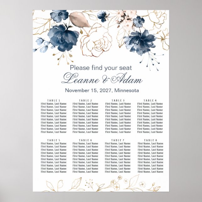 Floral navy blue & gold Wedding 8 Tables Seating Poster (Front)