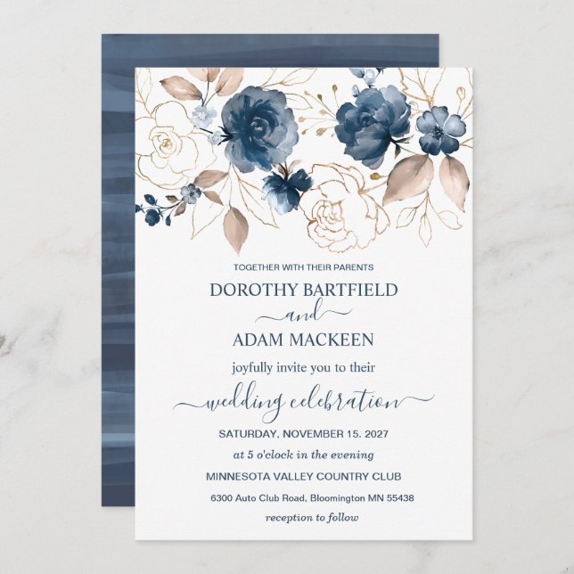 Floral navy blue & gold Wedding Invitation (Front/Back)