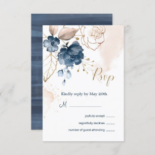 Floral navy blue & gold Wedding reply Invitation