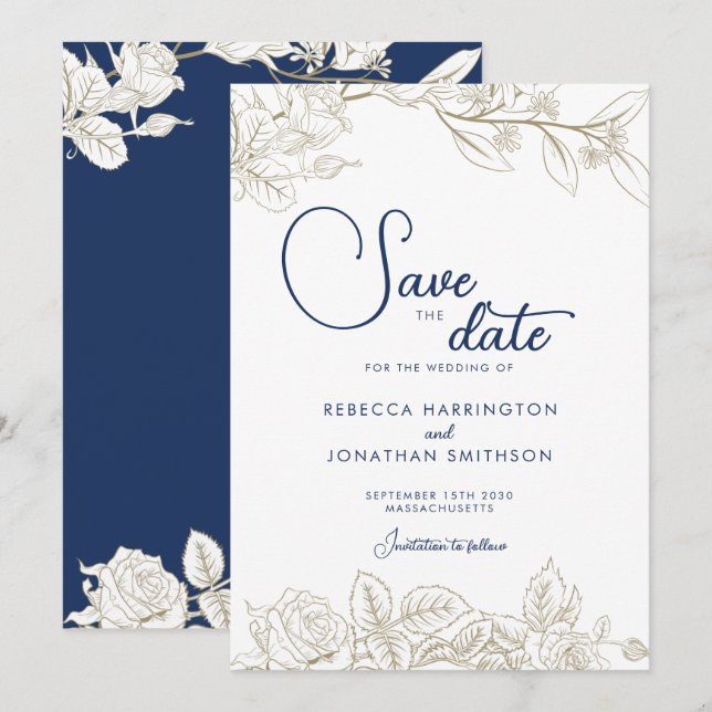 Floral Navy Blue Gold Wedding Save The Date Card (Front/Back)