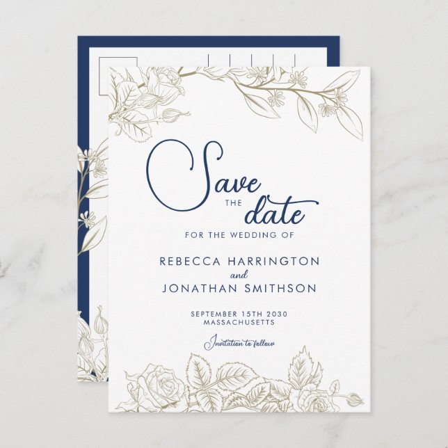 Floral Navy Blue Gold Wedding Save The Date  Postcard (Front/Back)