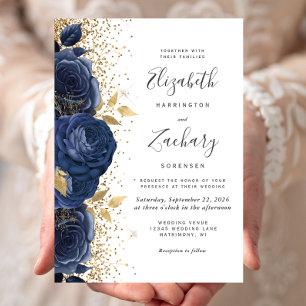 Floral Navy Blue Gold White Wedding Invitation