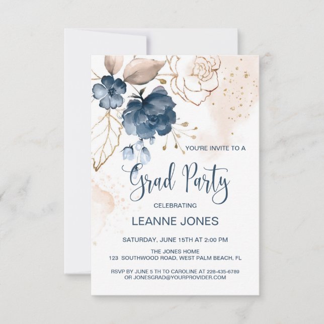 Floral navy blue Graduation Party Invitation (Front)