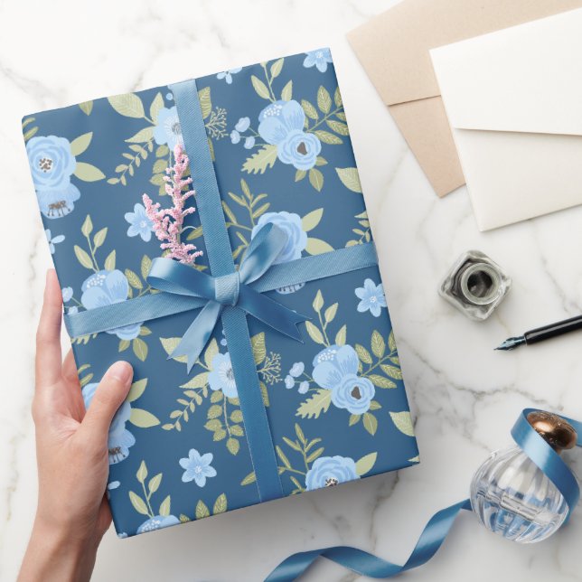 Floral Navy Blue Greenery Blue Stripes  Wrapping Paper (Gifting)