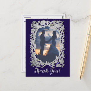 Floral Navy Blue Grey Bird Photo Wedding Thanks Postcard