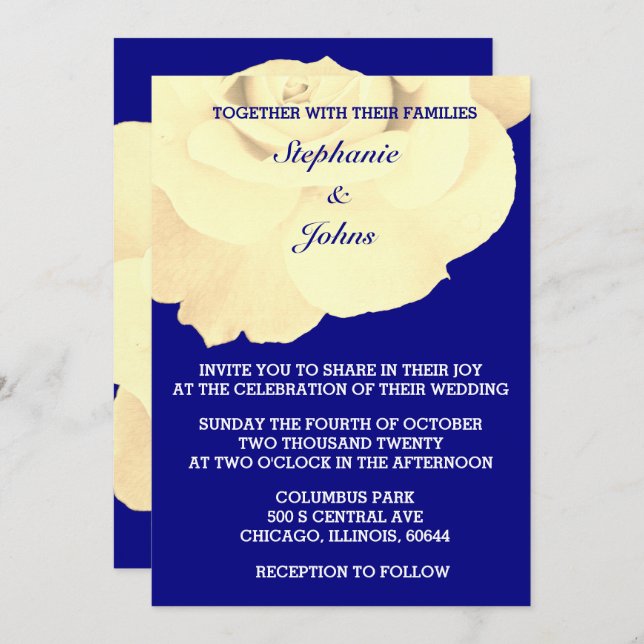 Floral Navy Blue Ivory White Rose Flower Wedding Invitation (Front/Back)