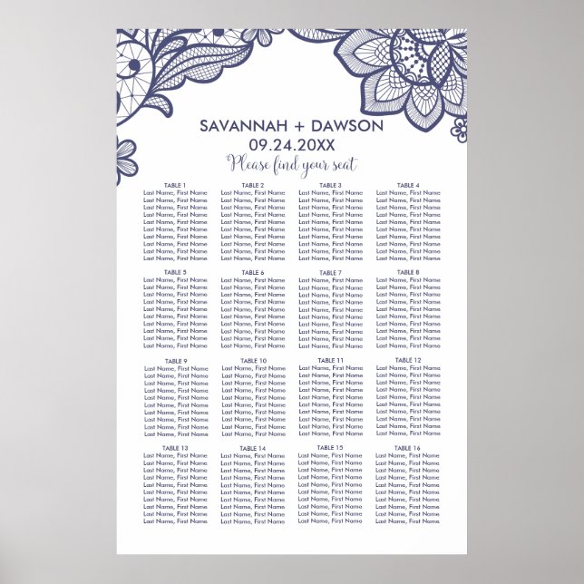 Floral Navy Blue Lace Wedding Seating Chart (Front)