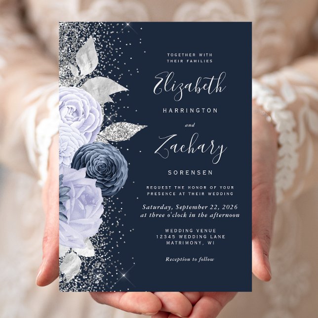 Floral Navy Blue Lilac Silver Glitter Wedding Invitation (Creator Uploaded)