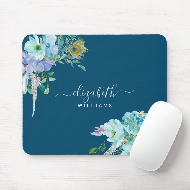 Floral Navy Blue Mint Foliage Botanical Script Mouse Pad (With Mouse)