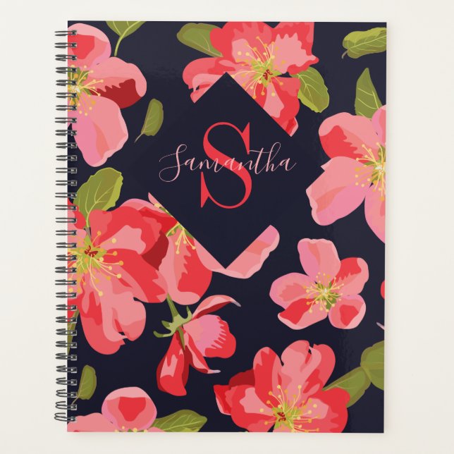 Floral Navy Blue Monogram Name Botanical 2022 Planner (Front)