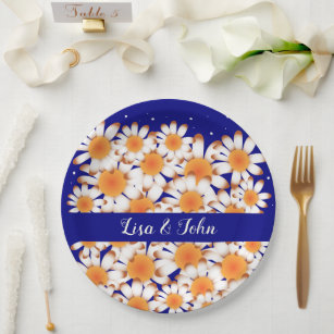 Floral Navy Blue Newlyweds Names Paper Plates