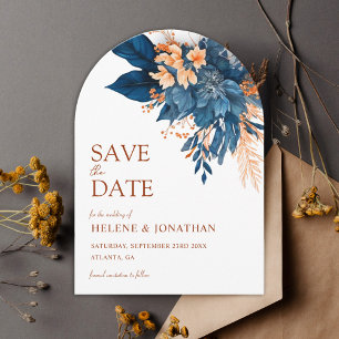 Floral Navy Blue Orange Rust Elegant Wedding Save The Date