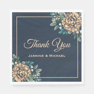 Floral Navy Blue Peach Peony Flowers Wedding Napkin