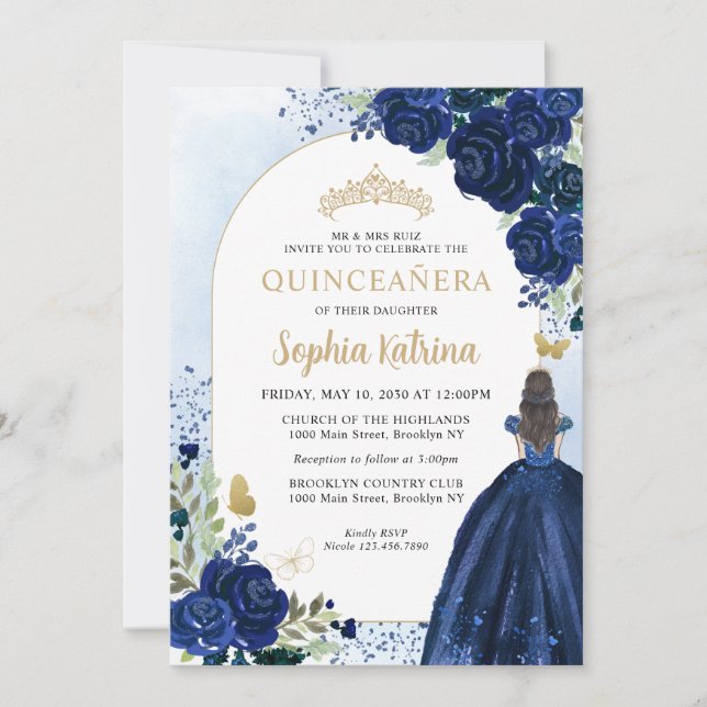 Floral Navy Blue Princess Birthday Quinceanera Invitation (Front)