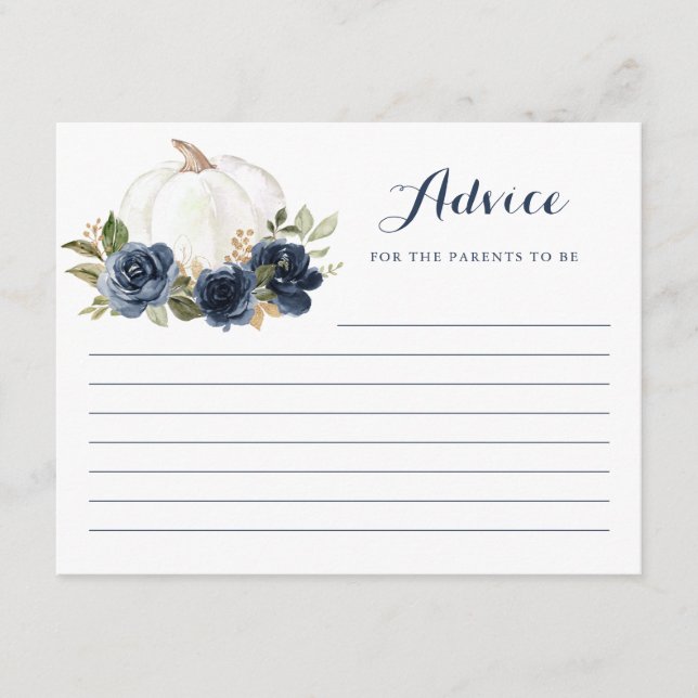 Floral Navy Blue Pumpkin Baby Shower Advice Card (Front)