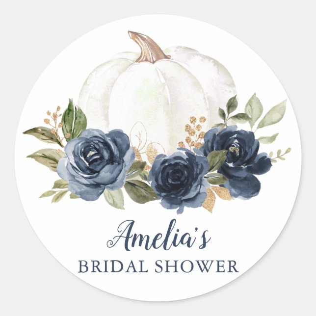 Floral Navy Blue Pumpkin Bridal Shower Classic Round Sticker (Front)