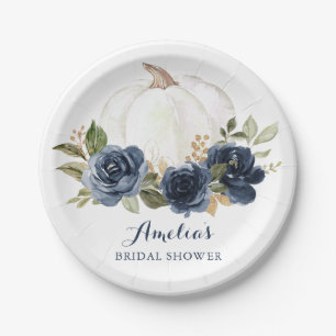 Floral Navy Blue Pumpkin Bridal Shower Fall Paper Plate