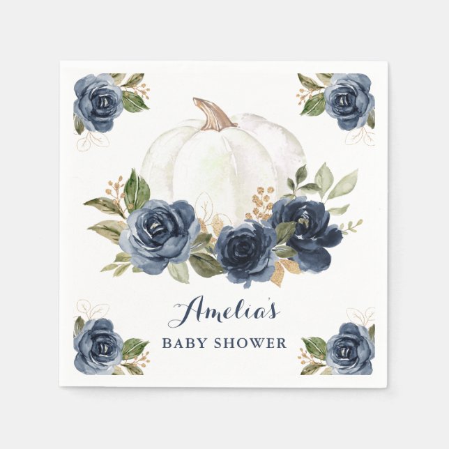 Floral Navy Blue Pumpkin Fall Baby Shower Napkin (Front)