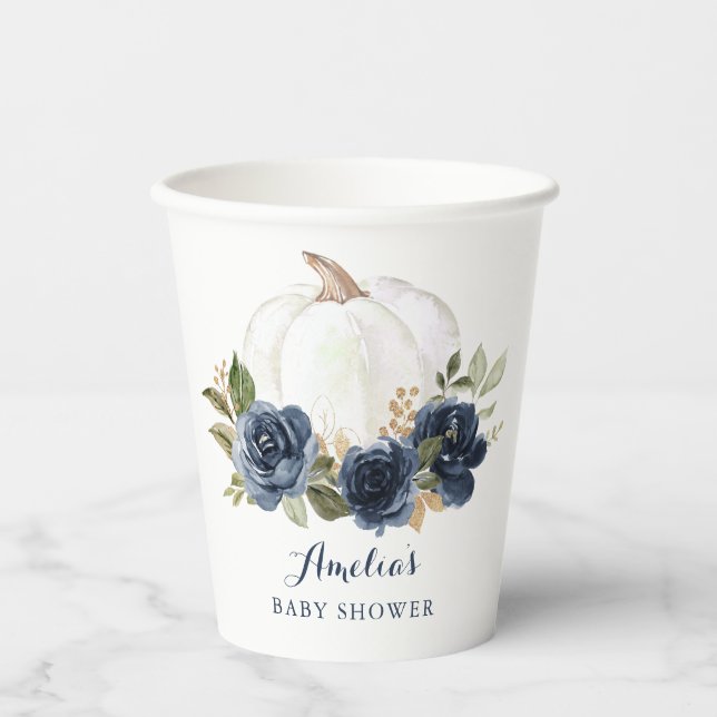 Floral Navy Blue Pumpkin Fall Baby Shower Paper Cups (Front)