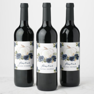 Floral Navy Blue Pumpkin Fall Bridal Shower Wine Label