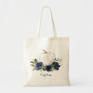 Floral Navy Blue Pumpkin Fall Bridesmaids Tote Bag