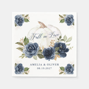 Floral Navy Blue Pumpkin Fall in Love Wedding Napkin