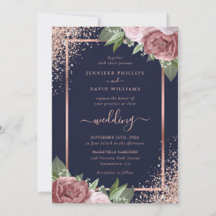 Floral Navy Blue Rose Gold Confetti Wedding Invitation