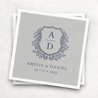 Floral Navy Blue Silver Crest Wedding Monogram