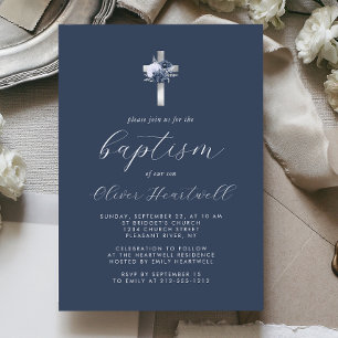 Floral Navy Blue Silver Cross Boys Baptism Invitation