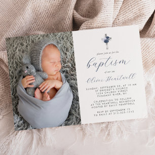 Floral Navy Blue Silver Cross Photo Boys Baptism Invitation
