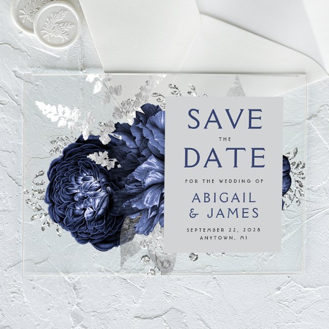 Floral Navy Blue Silver Wedding Save the Date Acrylic Invitations (Creator Uploaded)