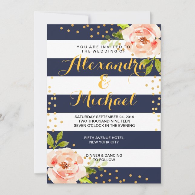 Floral Navy Blue Stripes & Gold Foil Dots Wedding Invitation (Front)