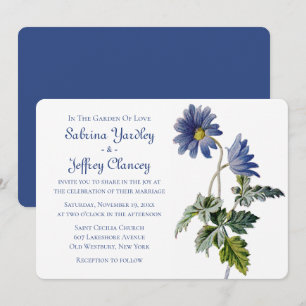 Floral Navy Blue Wedding Daisy Flowers Watercolor Invitation