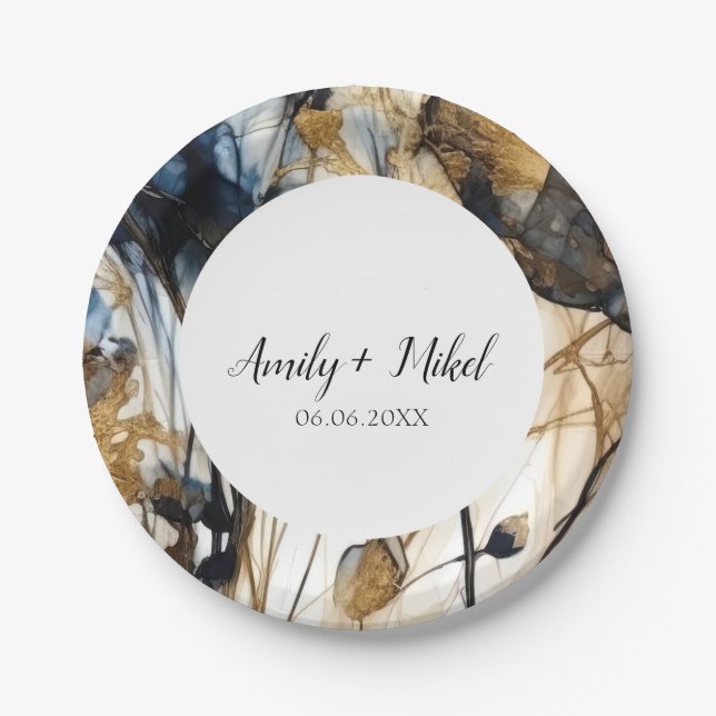 Floral Navy Blue Wedding Paper Plate (Front)