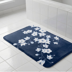 Floral Navy Blue White Bath Mat