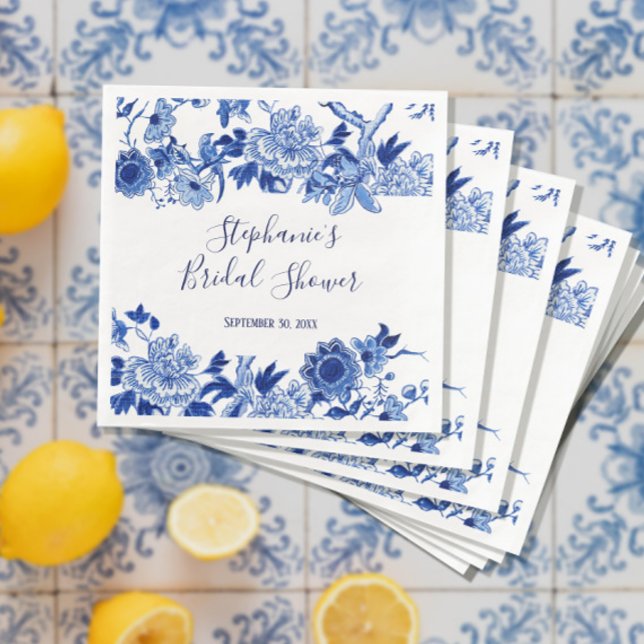 Floral Navy Blue White Chinoiserie Bridal Shower Napkin (Creator Uploaded)