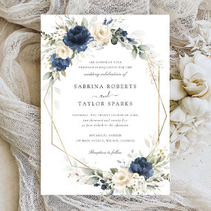 Floral Navy Blue White Greenery Gold Wedding Invitation