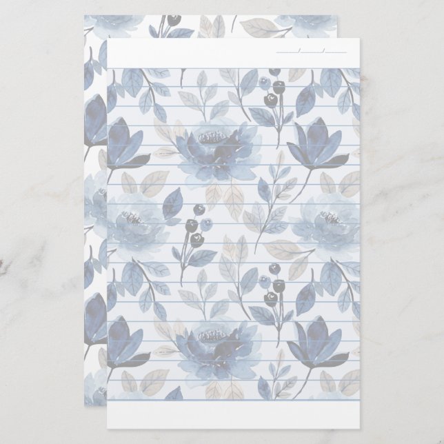 Floral Navy Blue Writing Paper Dated Lined Paper (Front/Back)