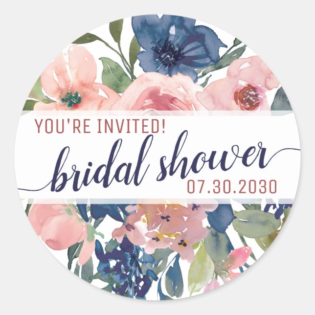 Floral Navy Blush Pink Youre Invited Bridal Shower Classic Round Sticker (Front)
