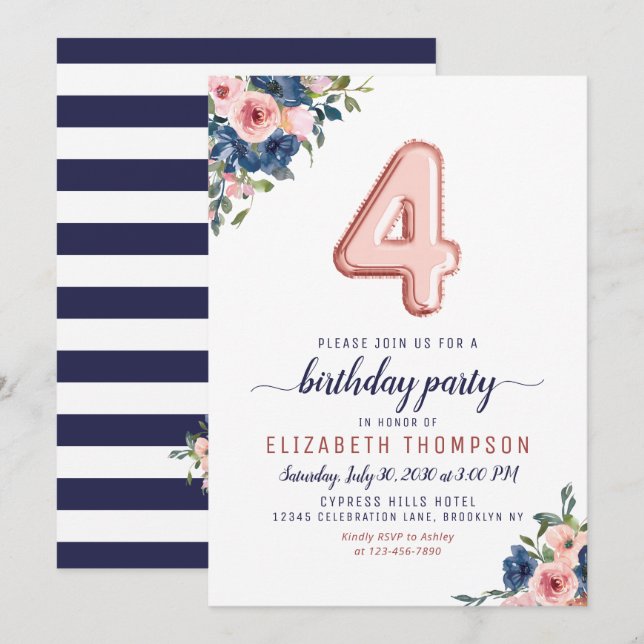 Floral Navy Blush Rose Gold Balloon 4th Birthday Invitation (Front/Back)