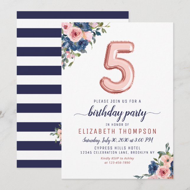 Floral Navy Blush Rose Gold Balloon 5th Birthday Invitation (Front/Back)