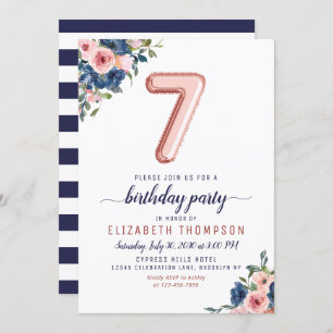 Floral Navy Blush Rose Gold Balloon 7th Birthday Invitation