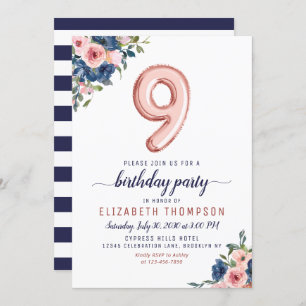 Floral Navy Blush Rose Gold Balloon 9th Birthday Invitation